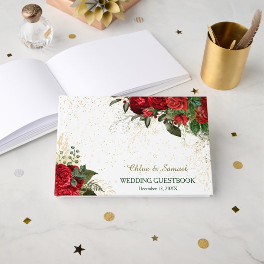Livre D'or Mariage aux Roses Rouges et Confettis (Recto ouvert)