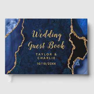 Livre D'or Mariage avec un marbre agate doré et bleu marine