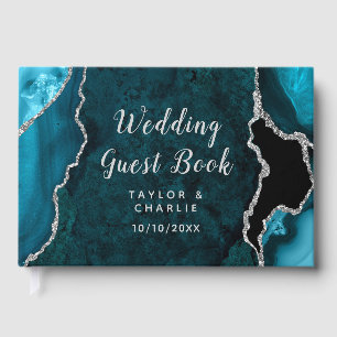 Livre D'or Mariage avec un marbre d'agate argent et sarcelle