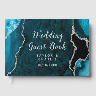 Livre D'or Mariage avec un marbre d'agate argent et sarcelle