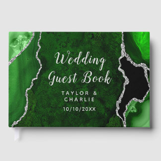 Livre D'or Mariage Bille d'Agate Verte et Argentée