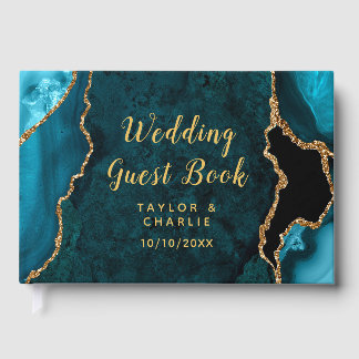 Livre D'or Mariage Bille de marbre d'agate sarcelle et or