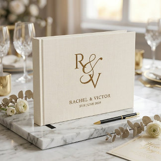 Livre D'or Mariage Chic Typographie Monogramme Or Lin Beige