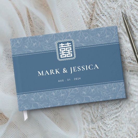 Livre D'or Mariage chinois gris bleu double bonheur