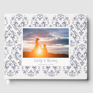 Livre D'or Mariage classique élégant Damas motif bleu marine