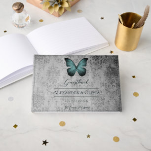 Livre D'or Mariage damassé à papillon Vintage turquoise