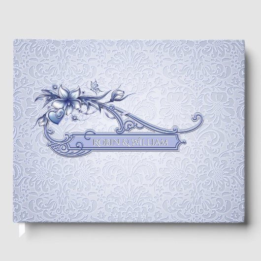 Livre d'or Mariage damassé Floral Blue Ice (Recto)