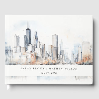Livre D'or Mariage d'aquarelle de Chicago, Illinois City Scap