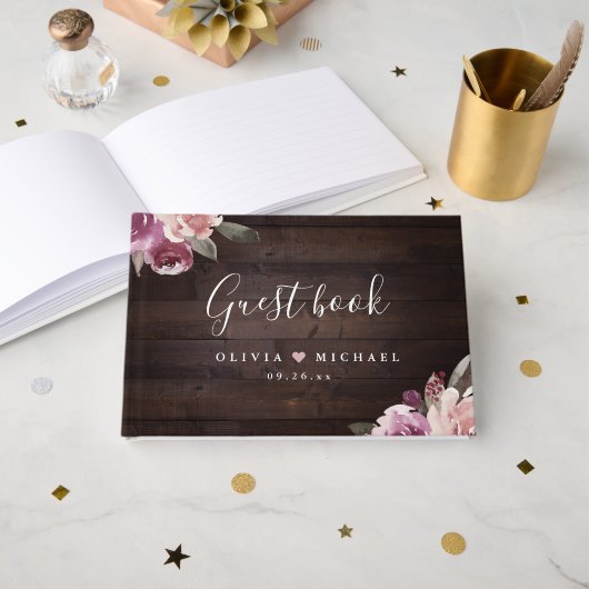 Livre D'or Mariage de bois rustique mauve et mûrier (Recto ouvert)