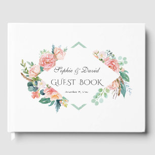 Livre D'or Mariage de cadre vert rose Fleurs blanches