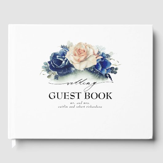 Livre D'or Mariage de fleurs d'aquarelle bleu marine et orang (Recto)