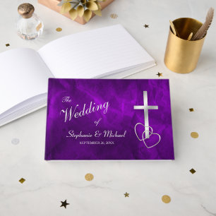 Livre D'or Mariage de la Croix chrétienne d'argent violet