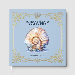 Livre D'or Mariage de luxe sur la plage de coquillages bleus 