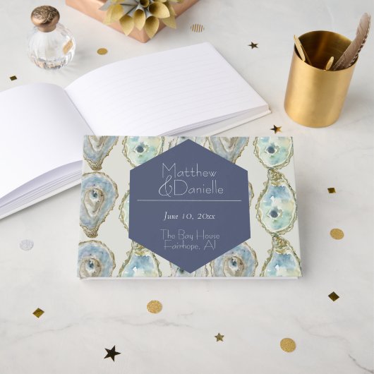 Livre D'or Mariage d'huîtres aquarelle - bleu-duché (Recto ouvert)