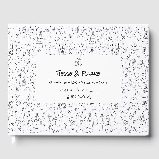 Livre D'or Mariage d'illustrations de Doodle en noir et blanc (Recto)