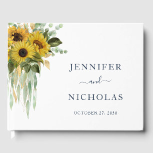 Livre D'or Mariage Élégant aux Tournesols Floraux Bleu Nuit