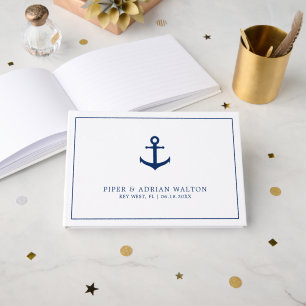 Livre D'or Mariage Élégant Marin Bleu Blanc Ancre