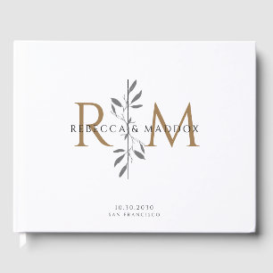 Livre D'or Mariage Élégant Monogramme Botanique Or