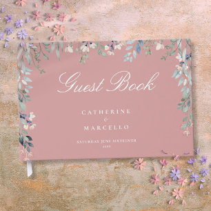 Livre D'or Mariage en cascade de fleurs roses poussiéreuses