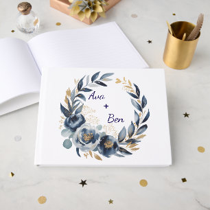 Livre D'or Mariage Fleur de Pivoine Bleu Nuit et Or