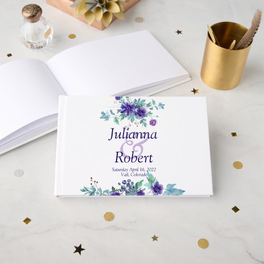 Livre d'or mariage fleuri à l'aquarelle violette (Recto ouvert)