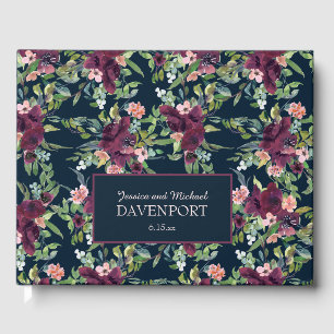 Livre D'or Mariage Fleurie Bleu Nuit Bourgogne Rose