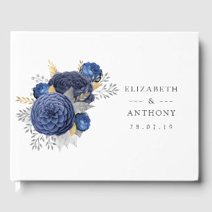 Livre D'or Mariage Fleurie Bleu Nuit, Or et Argent