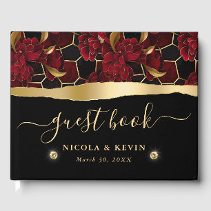 Livre D'or Mariage Fleuris Marbre Rouge Noir et Or