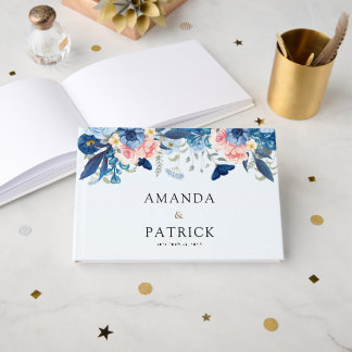 Livre D'or Mariage Floral Aquarelle Bleu Marine Rose