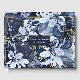 Livre D'or Mariage Floral Aquarelle Moderne Bleu Nuit et Or