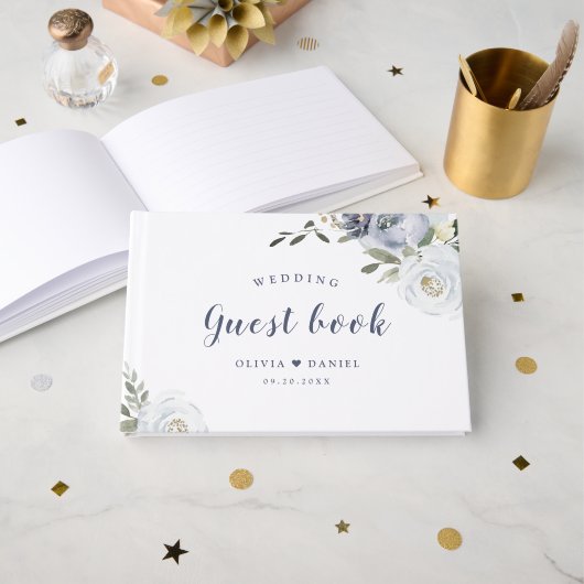 Livre D'or Mariage floral bleu foncé botanique fleuri (Recto ouvert)