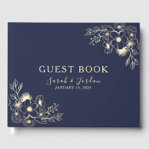 Livre D'or Mariage Floral Bleu Marine Élégant