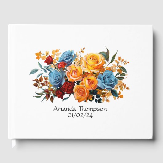 Livre D'or Mariage floral bleu, orange, jaune et rouge (Recto)