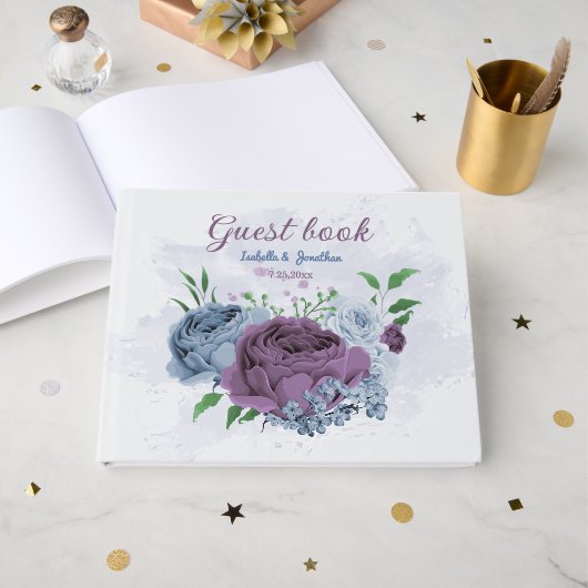 Livre D'or Mariage floral bleu pourpre (Recto ouvert)
