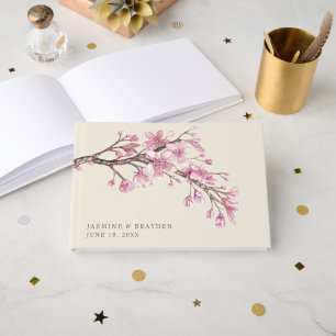 Livre D'or Mariage Floral Élégant aux Fleurs de Cerisier Rose