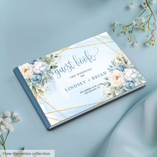 Livre D'or Mariage Floral Or Blanc Bleu Poussière Élégant