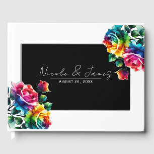 Livre D'or Mariage Floral Vibrant Roses Arc-en-Ciel Noir & Bl