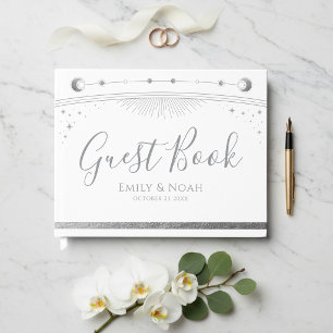 Livre D'or Mariage Lune Étoiles Soleil Argent Blanc Céleste