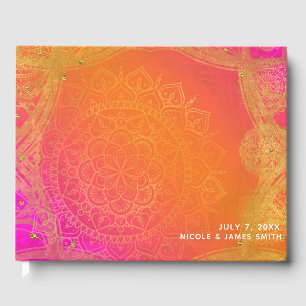 Livre D'or Mariage Mandala Indien Fuchsia Rose Orange Or