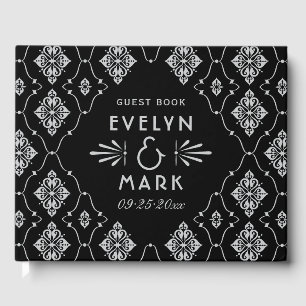 Livre D'or Mariage Monogramme Damassé Noir Argent