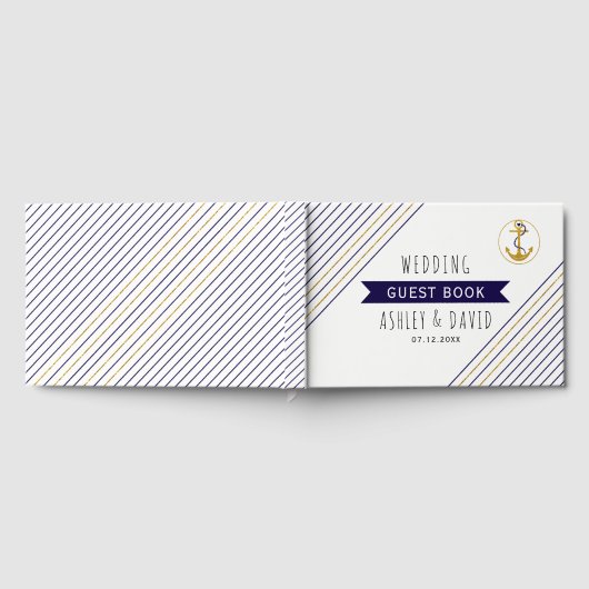 Livre D'or Mariage nautique à rayures d'ancre or et marine (Complet)
