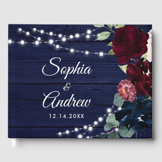 Livre D'or Mariage Rustic Wood Marsala & Navy Blue Flowers (Recto)