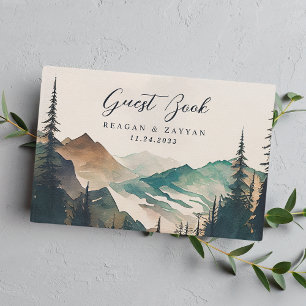 Livre D'or Mariage Rustique de Montagne de Pins à l'Aquarelle
