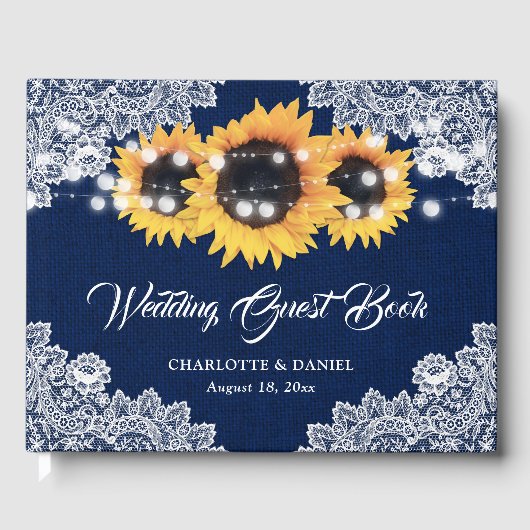 Livre D'or Mariage Rustique Navy Blue Broderie Fleurie Tourne (Recto)