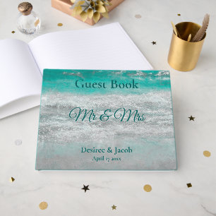 Livre D'or Mariage Turquoise Tropical Vagues Océaniques Plage