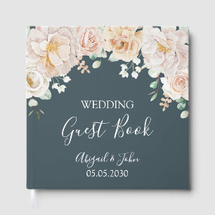 Livre D'or Mariage Vintage Fleurs Blanches Bleu Nuit