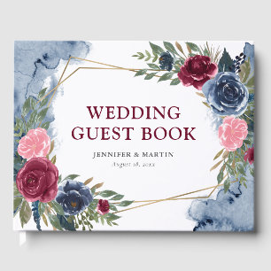 Livre D'or Marine Bleu Bourgogne Or Mariage floral géométriqu
