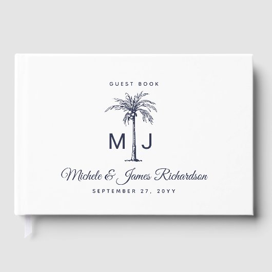 Livre D'or Marine Palm bleu Monogramme Plage tropicale Mariag (Recto)