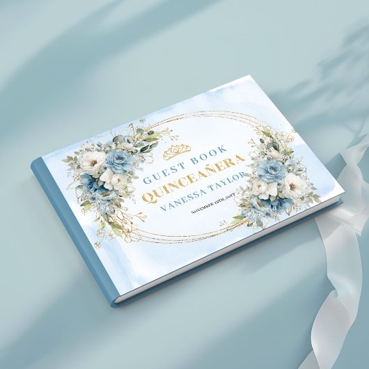 Livre D'or Mis Quince Boho Guest Book with Blue Gold Greenery