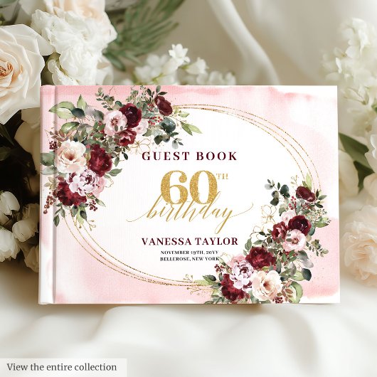 Livre D'or Modern Boho Burgundy Blush Floral 60th Guest Book